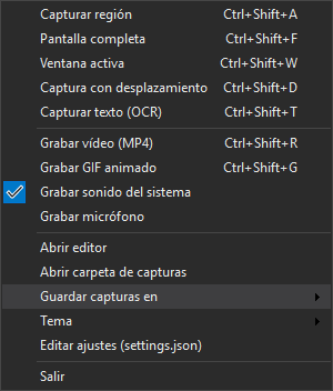 Menú de Capturix en la bandeja del sistema, en tema oscuro, con los atajos de cada modo de captura