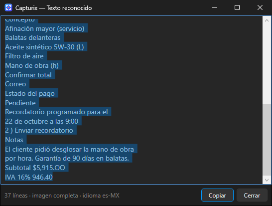Ventana de Capturix con el texto reconocido de una factura, lista para copiar