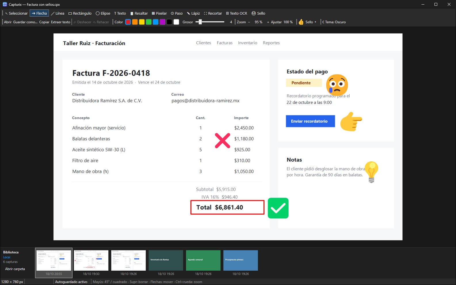 Editor de Capturix con sellos de emoji sobre una factura: una palomita verde en el total, una cruz roja en una línea, una cara triste junto a Pendiente, una mano señalando el botón y un foco en las notas